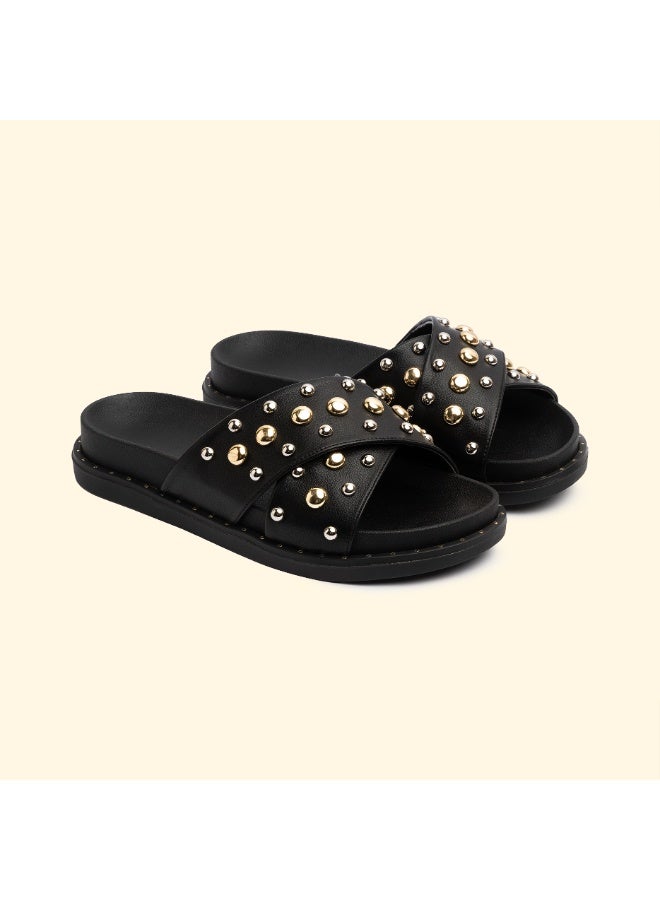BOU MULAN RIVETT SLIDES - Black Chrome - Image 1